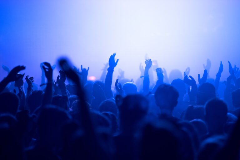 Crowd of people clubbing at live concert at music festival